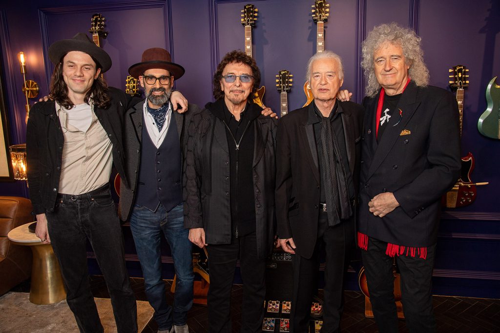 Left to Right: James Bay, Cesar Gueikian, Tony Iommi, Jimmy Page, and Sir Brian May at the launch of the Gibson Garage London