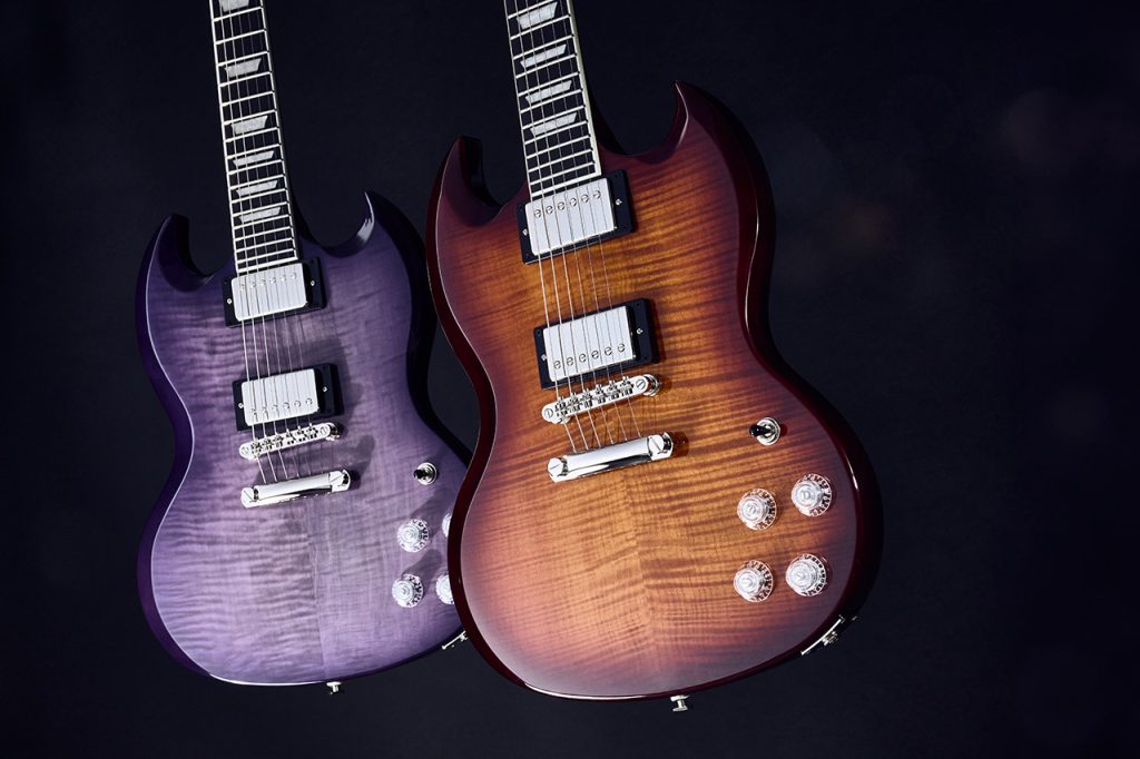 The Epiphone SG Modern Figured in Purple Burst and Mojave Burst finishes