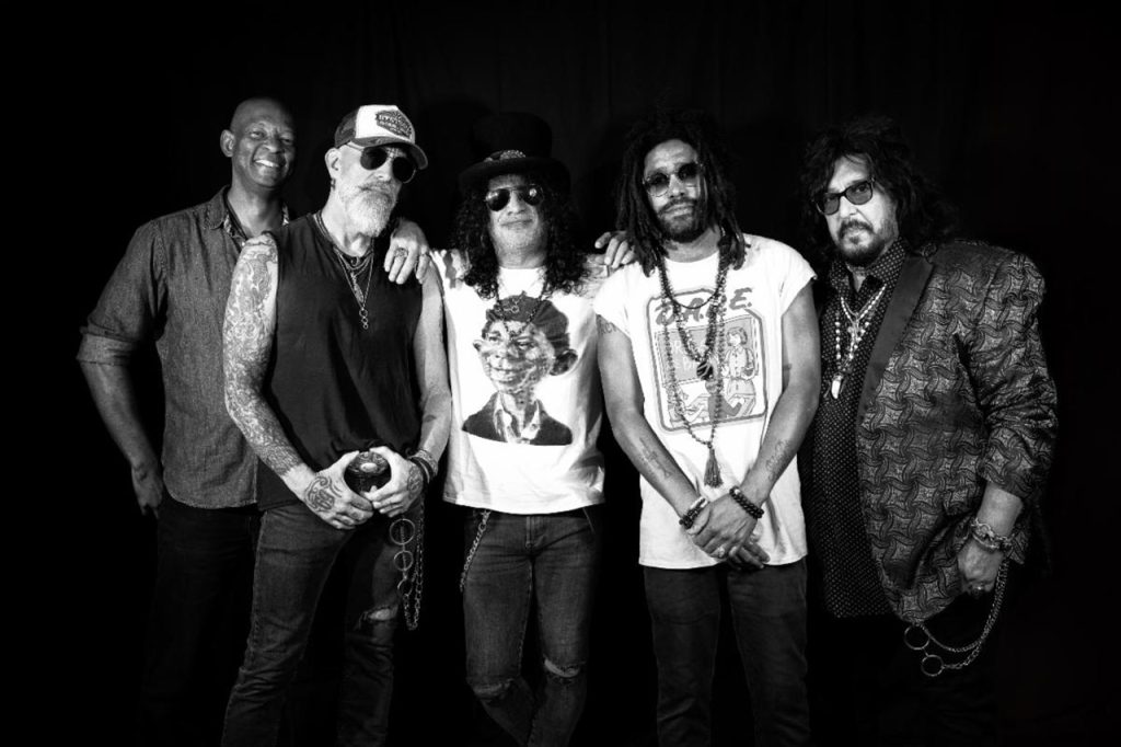 Slash and his Blues Ball Band (L-R), Michael Jerome (drums), Johnny Griparic (bass), Slash (guitars), Tash Neal (vocals/guitars), and Teddy ‘ZigZag’ Andreadis (keys/vocals). Photo Credit: Allison Morgan